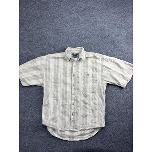 Double Impact Shirt Mens XL Beige White Striped Short Sleeve Button Up Casual